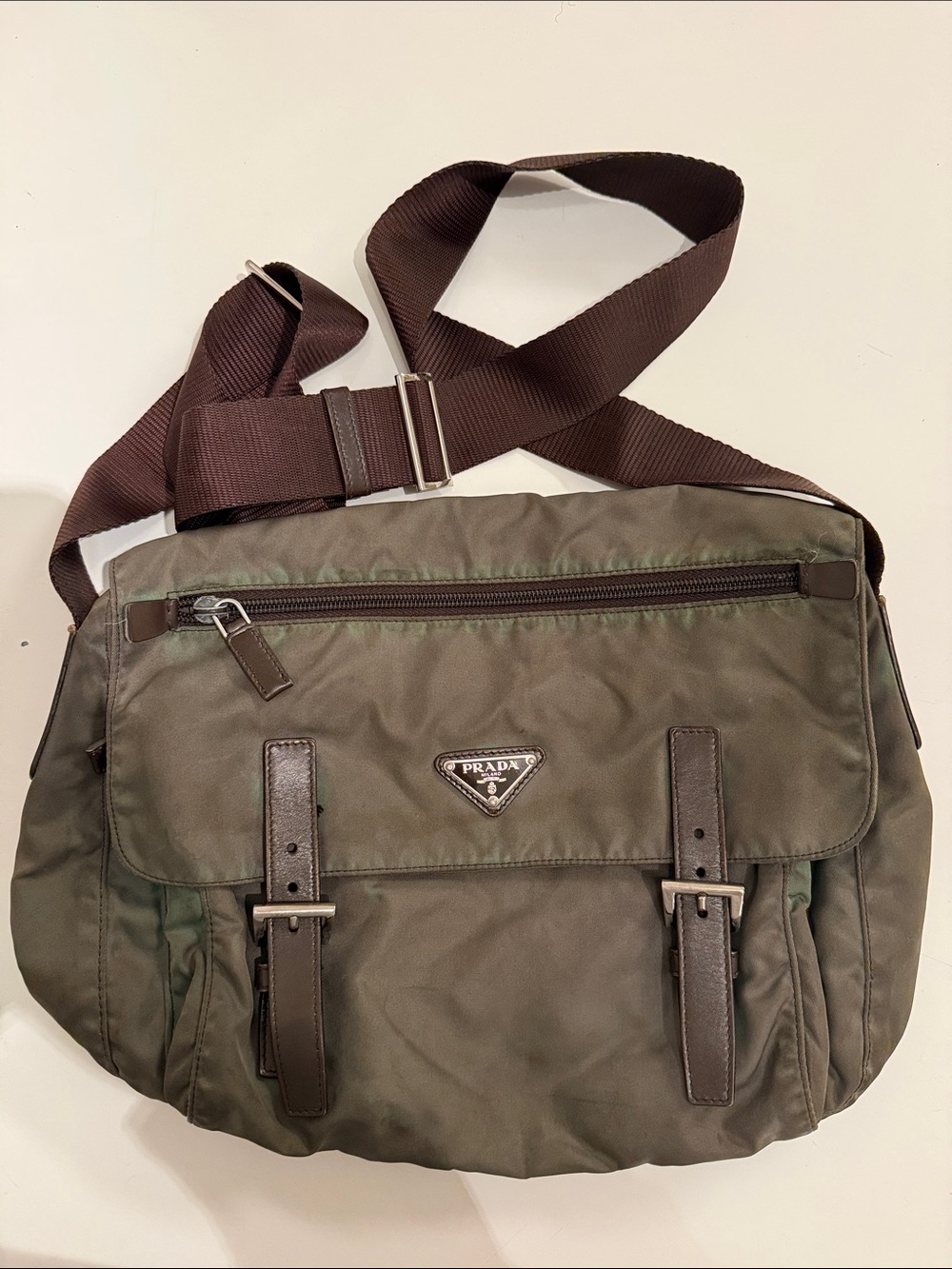 Prada Olive Nylon Messenger Bag with Brown Strap